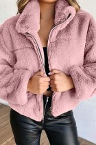 Prendas de abrigo con cuello de cremallera de patchwork sólido casual rosa