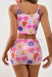 Cartoon Sexy Cartoon Print Bandage Backless Swimsuit Three Piece Set (With Paddings)