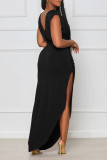 Zwart casual effen patchwork gleufvouw asymmetrische O-hals rechte jurken