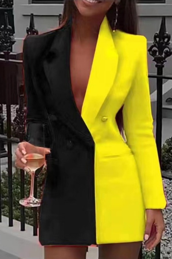 Черные желтые повседневные однотонные лоскутные платья с V-образным вырезом и длинным рукавом