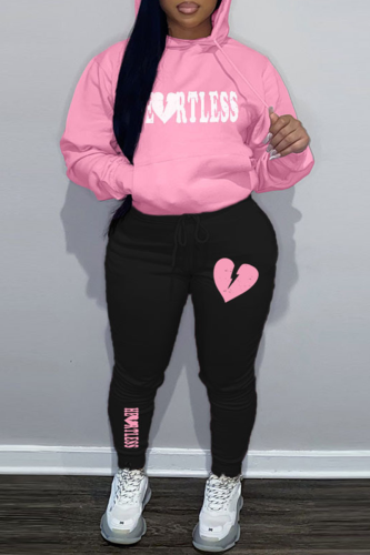 Light Pink Street Letter Print Draw String Hooded Collar Long Sleeve Sweatshirt And Pants Sportwear Plus Size Two Piece Jogger Set