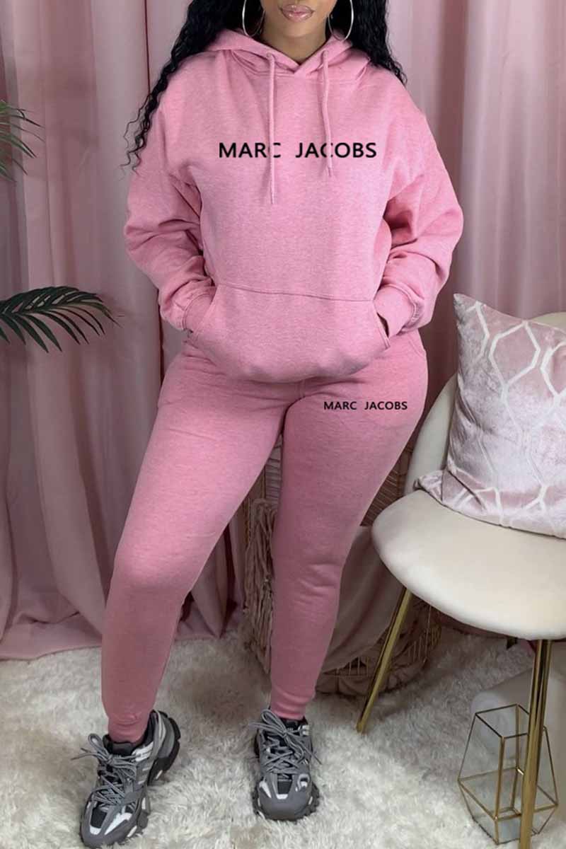 

Pink Casual Print Letter Hooded Collar Long Sleeve Two Pieces