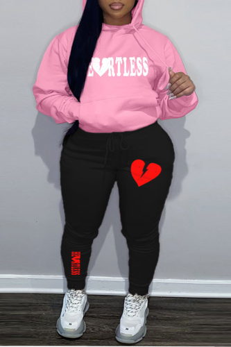 Pink Street Letter Print Draw String Hooded Collar Long Sleeve Sweatshirt And Pants Sportwear Plus Size Two Piece Jogger Set