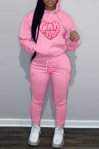 Pink Street Graphics Print Hooded Collar Long Sleeve Sweatshirt And Pants Sportwear Plus Size Two Piece Jogger Set