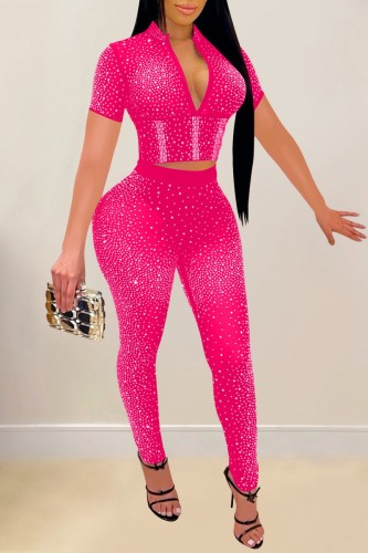 Rose Red Sexy Patchwork Hot Drilling See-through Zipper Collar Short Sleeve Two Pieces