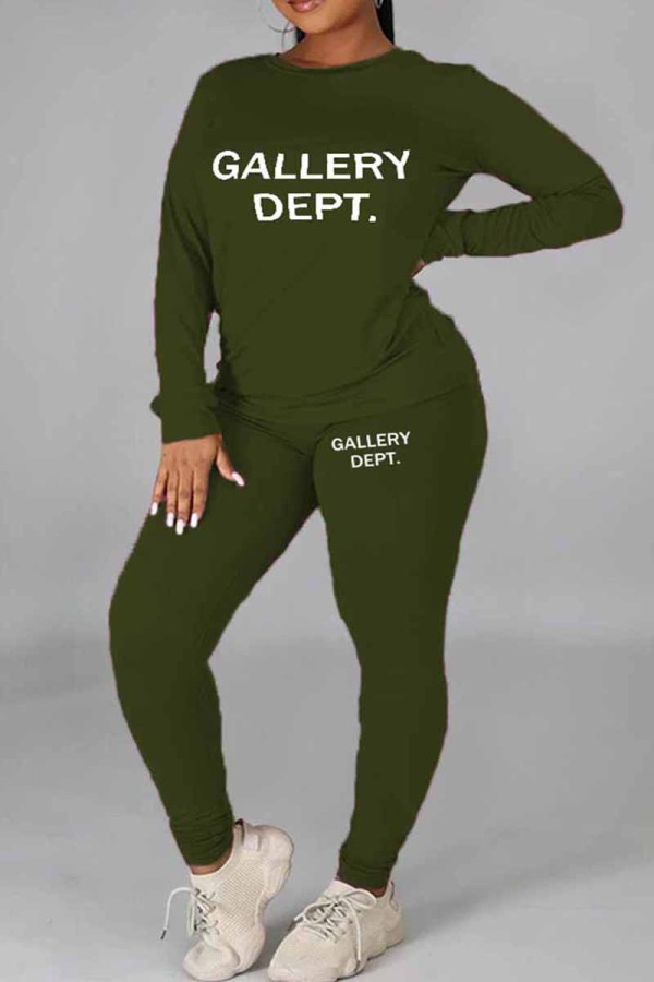 Army Green Casual Print Letter O Neck Plus Size Zweiteiler