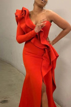赤のエレガントな固体パッチワーク フラウンス非対称カラー イブニング ドレス ドレス