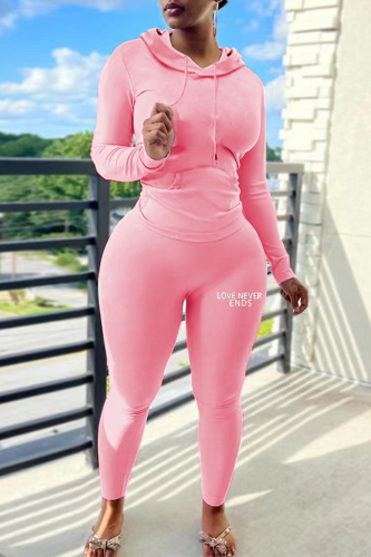 Pink Casual Letter Print Hooded Collar Long Sleeve Sweatshirt And Skinny Pants Sportwear Two Pieces Sweatsuit Set
