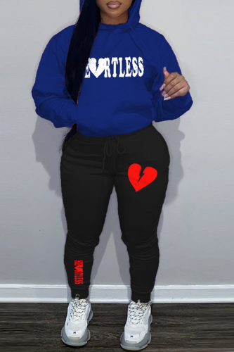 Blue Street Letter Print Draw String Hooded Collar Long Sleeve Sweatshirt And Pants Sportwear Plus Size Two Piece Jogger Set