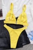 Conjunto de roupa de banho amarela sexy sem costas lisa (com enchimentos)