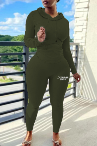 Army Green Casual Letter Print Hooded Collar Long Sleeve Sweatshirt And Skinny Pants Sportwear Two Pieces Sweatsuit Set