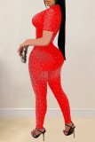 Red Sexy Patchwork Hot Drilling See-through Zipper Collar Short Sleeve Two Pieces