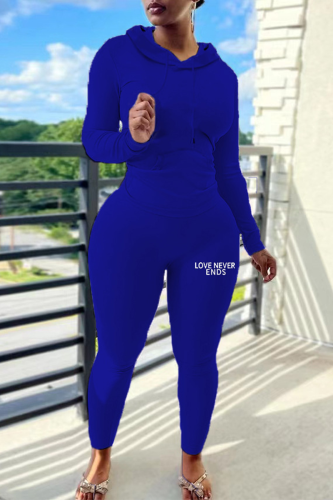Blue Casual Letter Print Hooded Collar Long Sleeve Sweatshirt And Skinny Pants Sportwear Two Pieces Sweatsuit Set