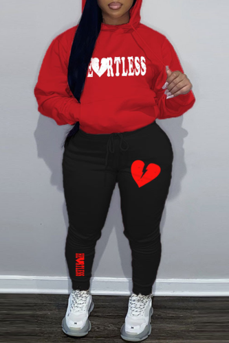 Red Street Letter Print Draw String Hooded Collar Long Sleeve Sweatshirt And Pants Sportwear Plus Size Two Piece Jogger Set
