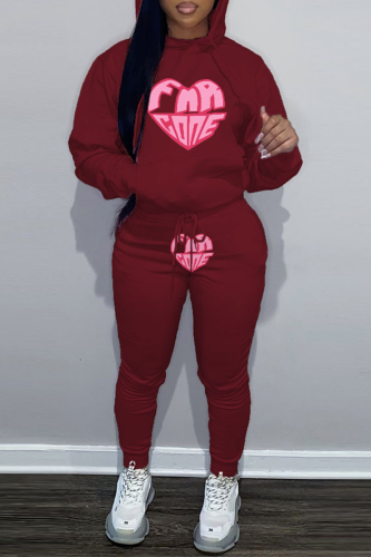 Burgundy Street Graphics Print Hooded Collar Long Sleeve Sweatshirt And Pants Sportwear Plus Size Two Piece Jogger Set