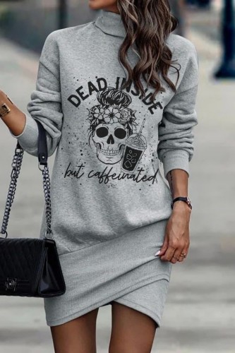 Grey Casual Print Patchwork Turtleneck Long Sleeve Dresses