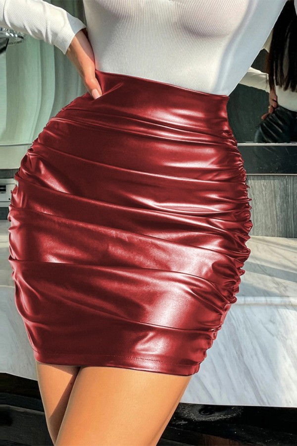 Bourgondische sexy stevige vouw magere hoge taille conventionele effen kleur rok