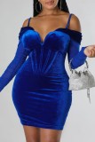 La rappezzatura solida sexy blu Backless fuori dai vestiti lunghi dalla manica della spalla