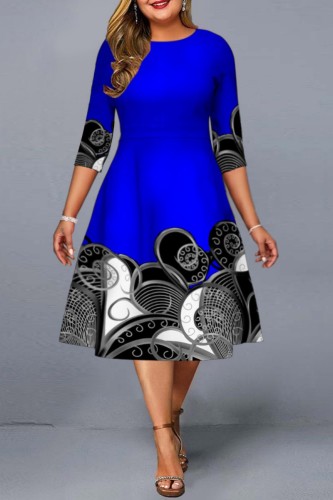 Blue Casual Print Basic O Neck A Line Plus Size Dresses