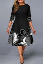 Zwart Casual Print Basic O-hals A-lijn Grote maten jurken