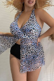 Maillot de bain décontracté imprimé léopard patchwork dos nu bleu