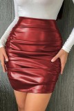 Vinröd Sexig Solid Vik Mager Hög midja Konventionell enfärgad kjol