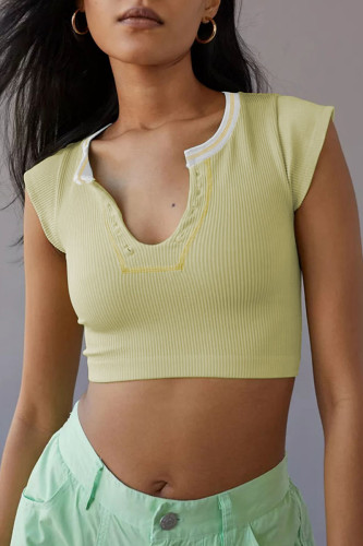Yellow Sexy Street Solid Patchwork U Neck T-Shirts