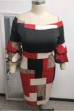 Black Red Casual Print Patchwork Off the Shoulder Pencil Skirt Plus Size Dresses