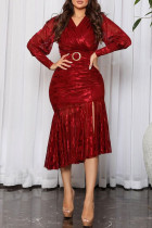 Rote Promis Elegant Solid Patchwork V-Ausschnitt Trompete Meerjungfrau Kleider