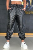 Zwarte casual effen patchwork normale conventionele broek met hoge taille