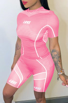 Розовый Повседневная спортивная одежда С принтом Пэчворк О-образный вырез С короткими рукавами Из двух частей