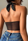 Black Sexy Solid Patchwork See-through Backless Halter Tops