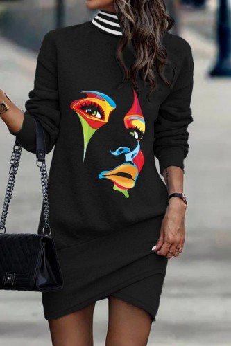 Black Yellow Casual Print Patchwork Turtleneck Long Sleeve Dresses