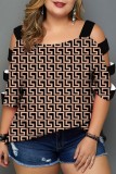 Khaki Casual Print Hollowed Out O Neck Tops