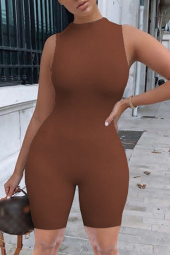 Brown Casual Solid Basic O Neck Skinny Romper