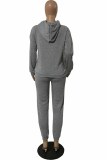Grey Casual Figure Print Patchwork Letter Hooded Collar Plus Size Two Pieces