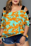 Light Green Casual Print Hollowed Out Patchwork O Neck T-Shirts