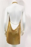 Золотое сексуальное однотонное платье в стиле пэчворк с открытой спиной и лямкой на шее без рукавов Платья