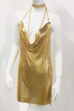 Золотое сексуальное однотонное платье в стиле пэчворк с открытой спиной и лямкой на шее без рукавов Платья