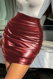 Brown Sexy Solid Fold Skinny High Waist Conventional Solid Color Skirt