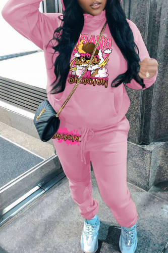 Pink Street Graphics Print Hooded Collar Sweatshirt And Pants Sportwear Plus Size Two Piece Jogger Set