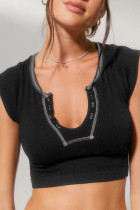 Черные однотонные лоскутные футболки с U-образным вырезом Sexy Street