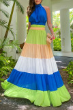Veelkleurige elegante effen patchwork rugloze vouw halster rechte jurken