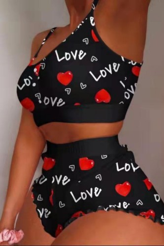Black Sexy Living Print Basic Spaghetti Strap Sleeveless Two Pieces