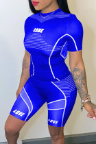 Ярко-синий Повседневная спортивная одежда С принтом Пэчворк О-образный вырез С короткими рукавами Из двух частей