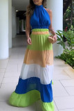 Multicolor Elegant Solid Patchwork Backless Fold Halter Straight Dresses