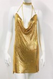 Gold Sexy Solid Patchwork Backless Halter Sleeveless Dress Dresses