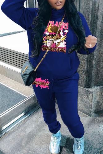Blue Street Graphics Print Hooded Collar Sweatshirt And Pants Sportwear Plus Size Two Piece Jogger Set