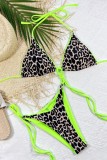 Green Sexy Print Leopard Bandage Patchwork Backless Swimwears (With Paddings)
