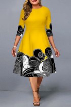 Yellow Casual Print Basic O Neck A Line Plus Size Dresses